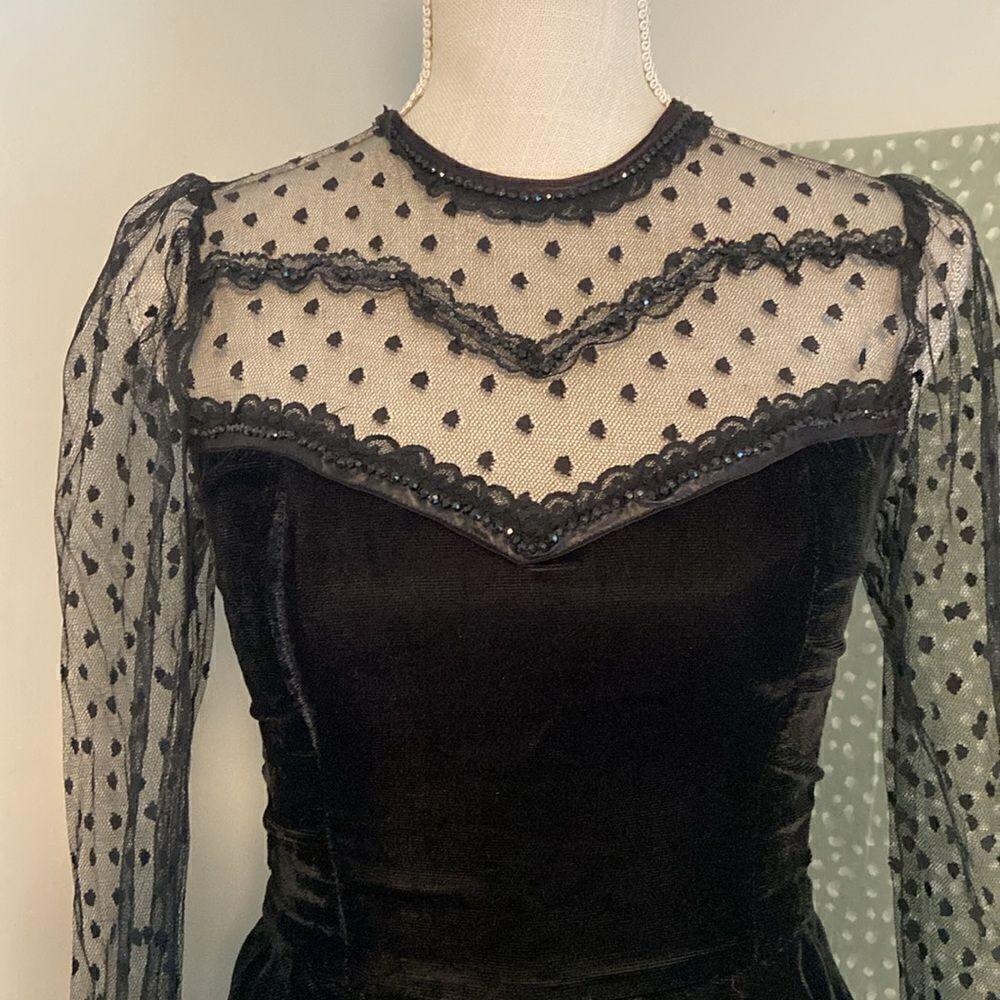 Gunne Sax Black Velvet Vintage Polka Dot Lace Goth Emo Peplum Mini Dress Size 5 - Picture 3 of 11